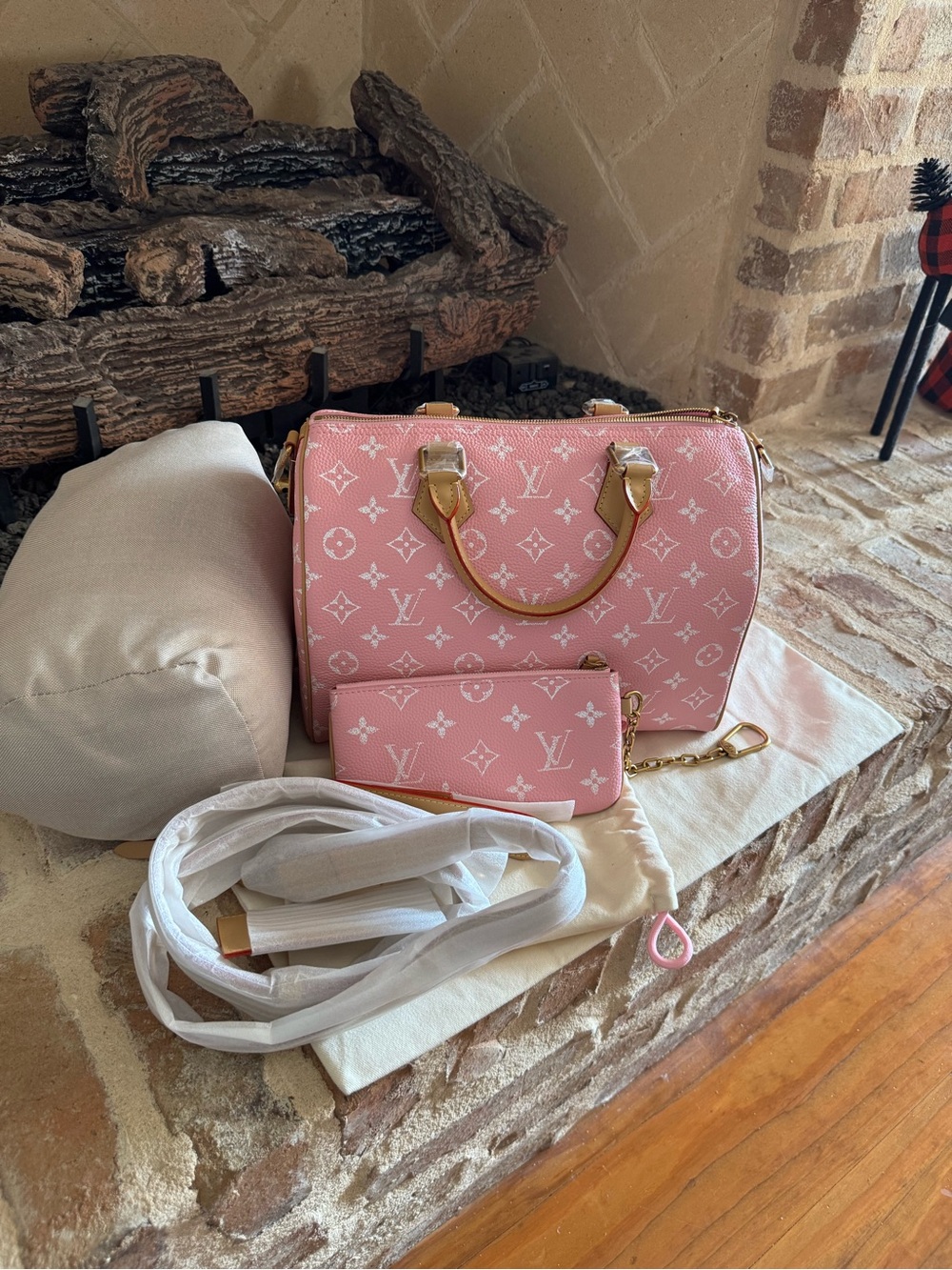 Candy pink Monogram Speedy-Style Tote with Tan Trim and wallet